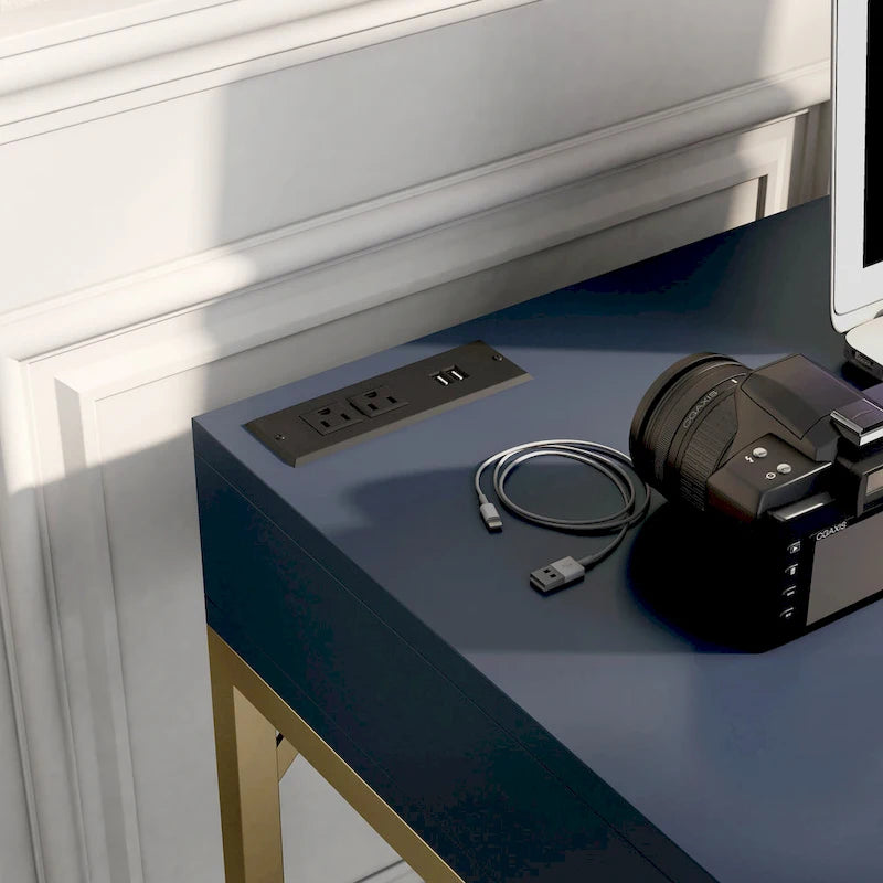 Bureau d'angle Art Déco avec plateau relevable, tiroir et cadre en métal doré