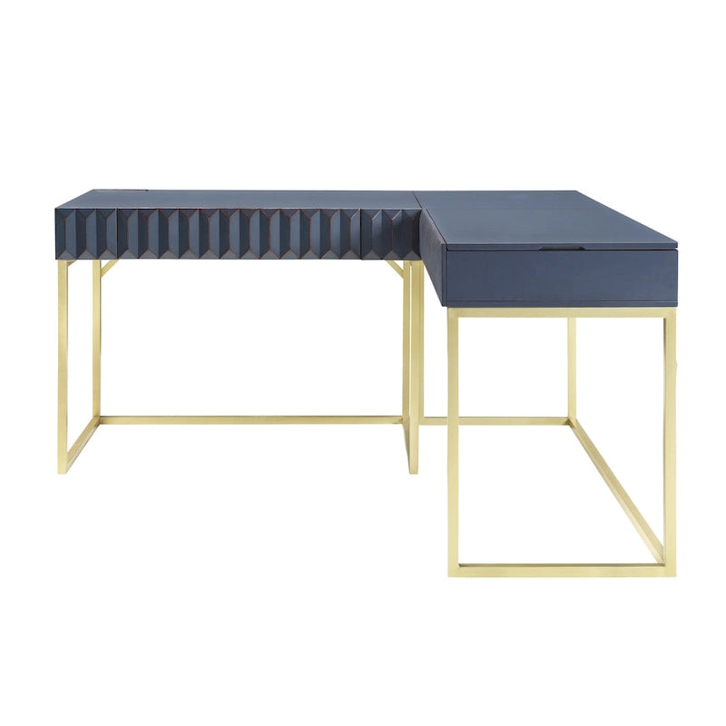 Bureau d'angle Art Déco avec plateau relevable, tiroir et cadre en métal doré