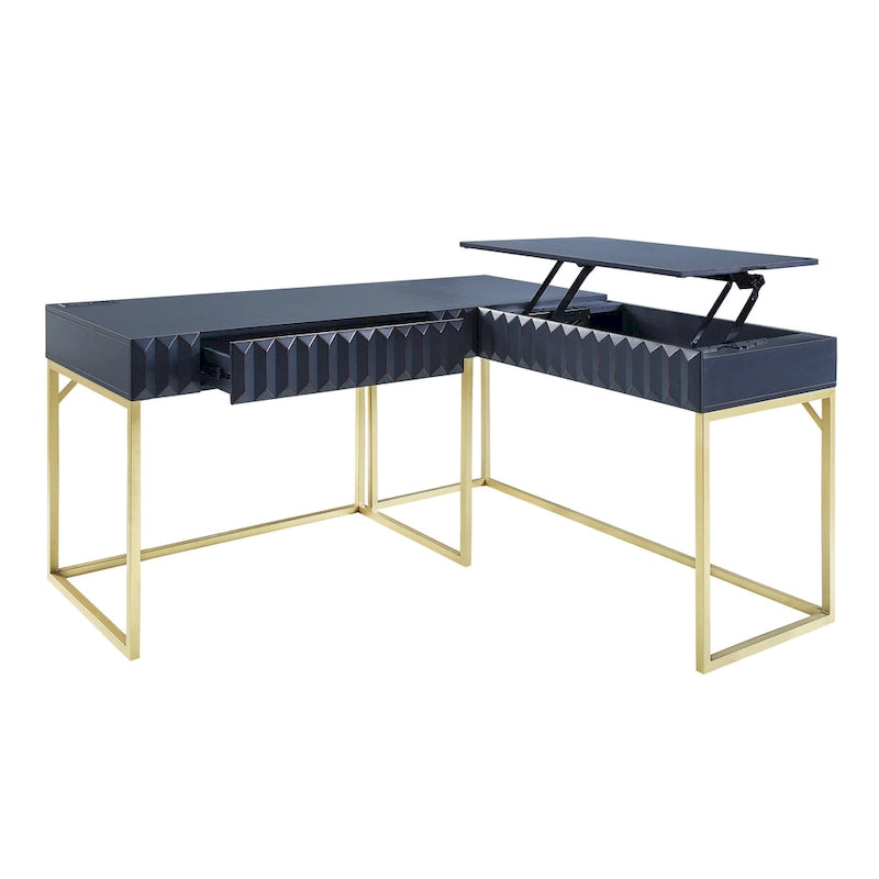 Bureau d'angle Art Déco avec plateau relevable, tiroir et cadre en métal doré