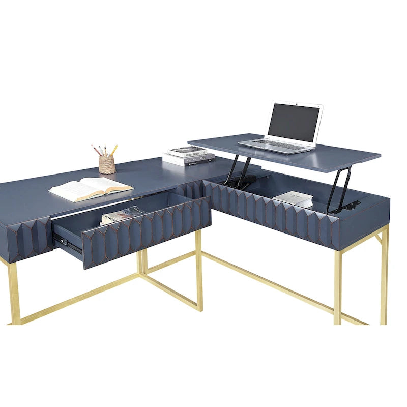 Bureau d'angle Art Déco avec plateau relevable, tiroir et cadre en métal doré