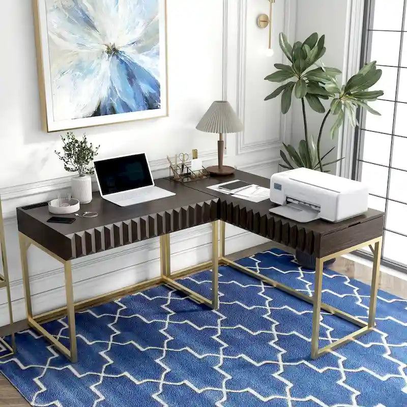 Bureau d'angle Art Déco avec plateau relevable, tiroir et cadre en métal doré