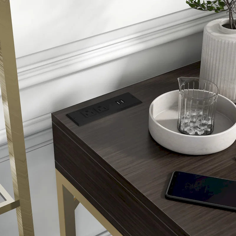 Bureau d'angle Art Déco avec plateau relevable, tiroir et cadre en métal doré