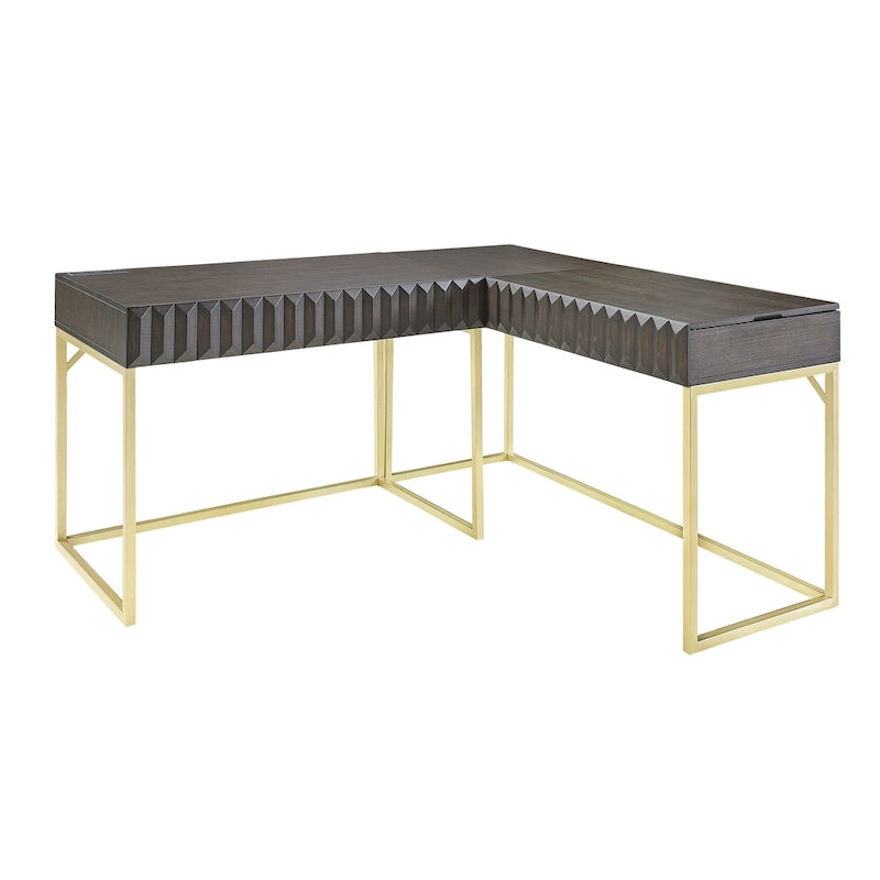 Bureau d'angle Art Déco avec plateau relevable, tiroir et cadre en métal doré