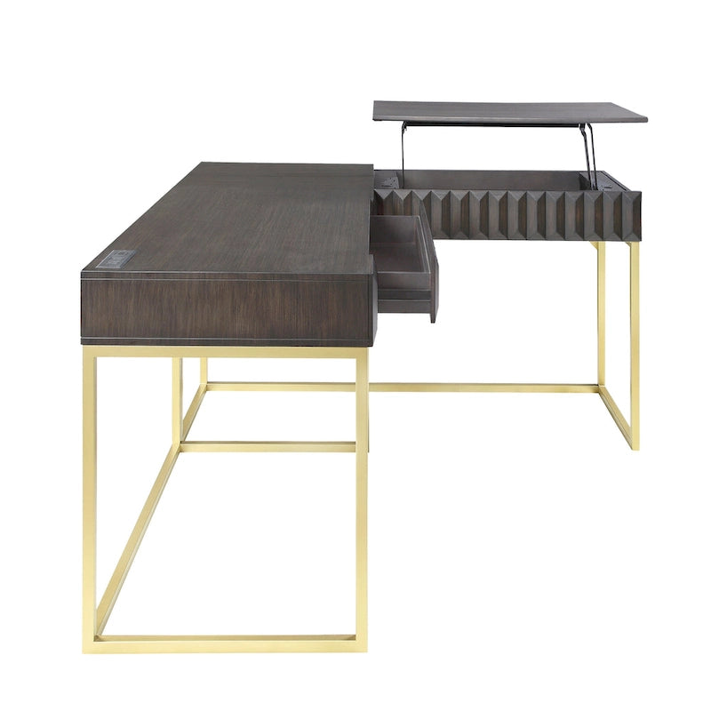 Bureau d'angle Art Déco avec plateau relevable, tiroir et cadre en métal doré