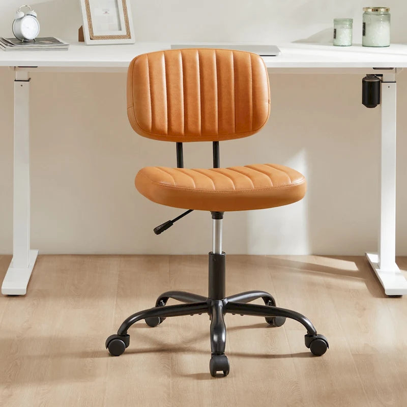 Chaise de bureau pivotante sans accoudoirs à dossier bas en similicuir avec coussin côtelé