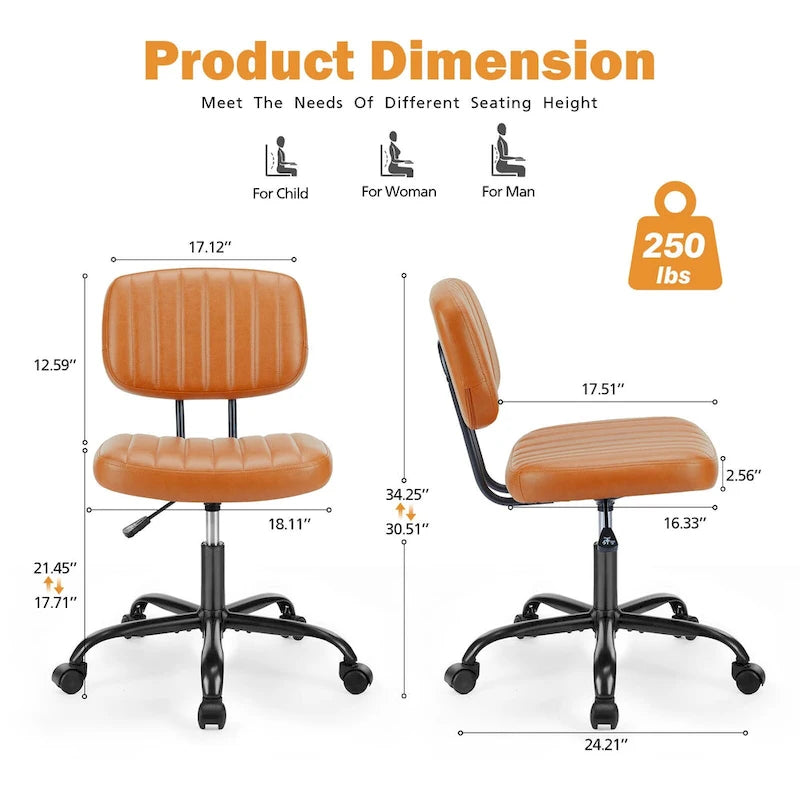 Chaise de bureau pivotante sans accoudoirs à dossier bas en similicuir avec coussin côtelé