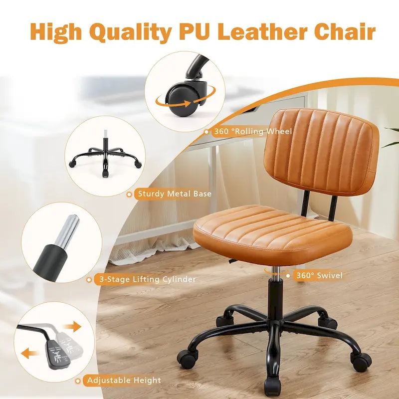 Chaise de bureau pivotante sans accoudoirs à dossier bas en similicuir avec coussin côtelé