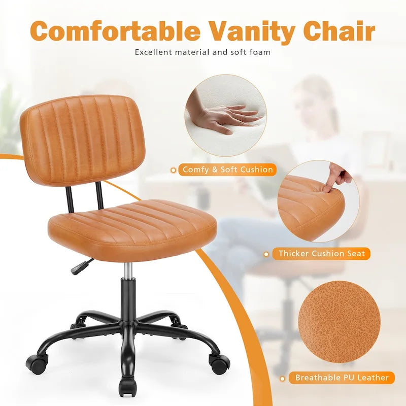 Chaise de bureau pivotante sans accoudoirs à dossier bas en similicuir avec coussin côtelé