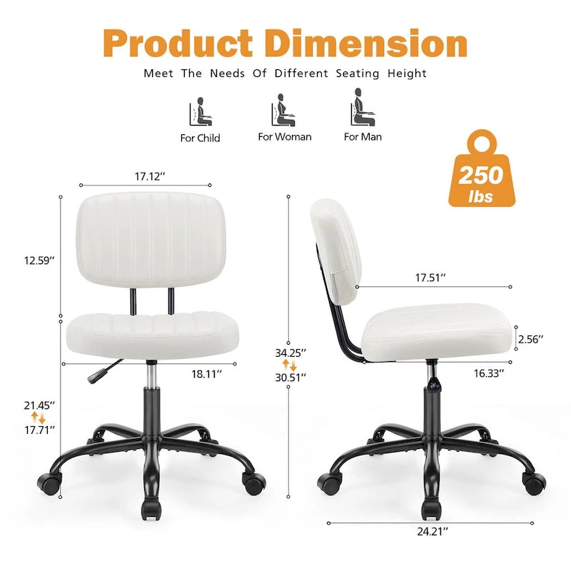 Chaise de bureau pivotante sans accoudoirs à dossier bas en similicuir avec coussin côtelé