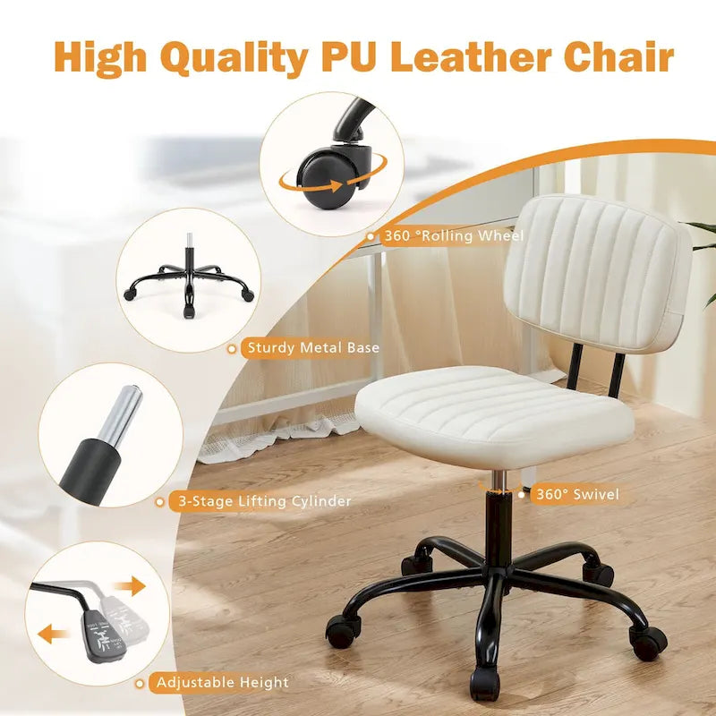 Chaise de bureau pivotante sans accoudoirs à dossier bas en similicuir avec coussin côtelé