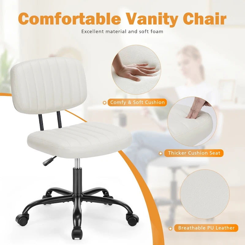 Chaise de bureau pivotante sans accoudoirs à dossier bas en similicuir avec coussin côtelé