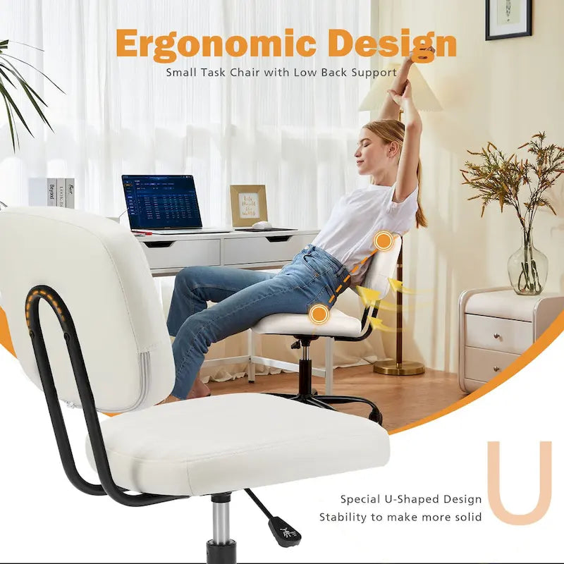 Chaise de bureau pivotante sans accoudoirs à dossier bas en similicuir avec coussin côtelé