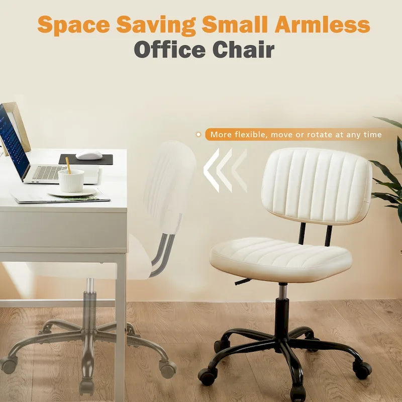 Chaise de bureau pivotante sans accoudoirs à dossier bas en similicuir avec coussin côtelé