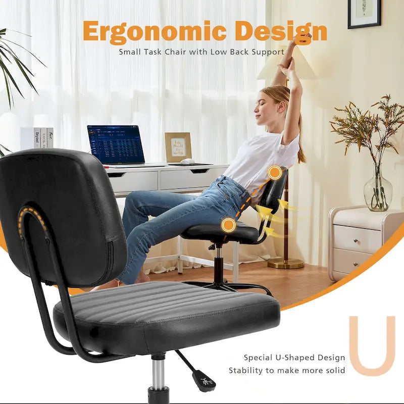 Chaise de bureau pivotante sans accoudoirs à dossier bas en similicuir avec coussin côtelé