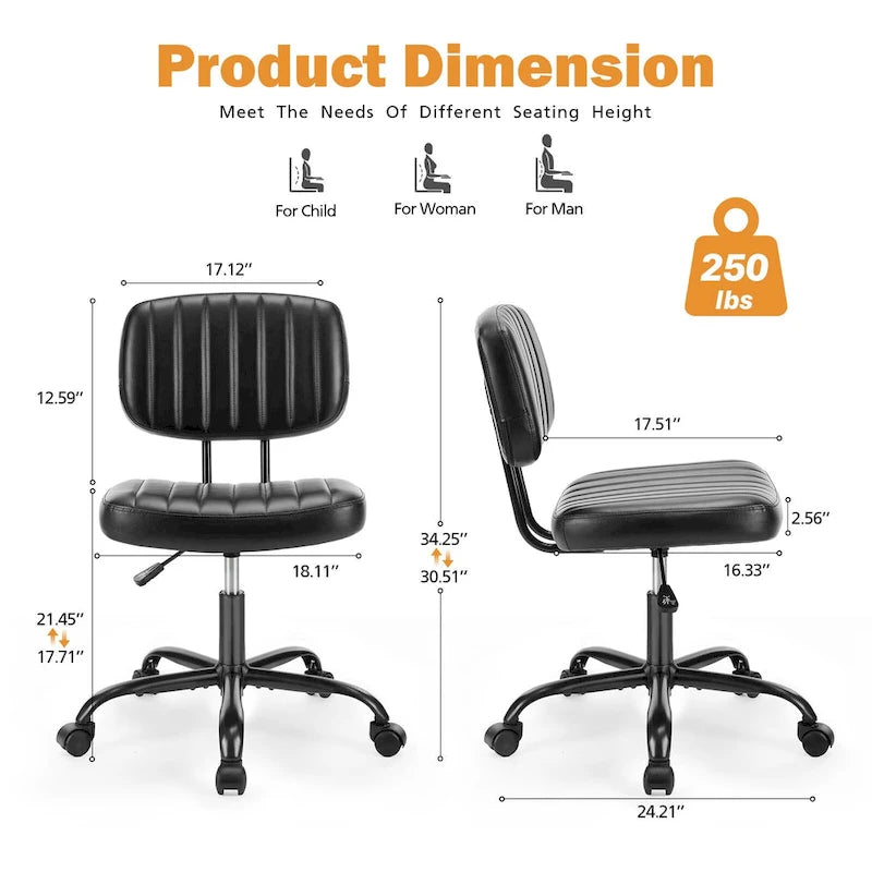 Chaise de bureau pivotante sans accoudoirs à dossier bas en similicuir avec coussin côtelé