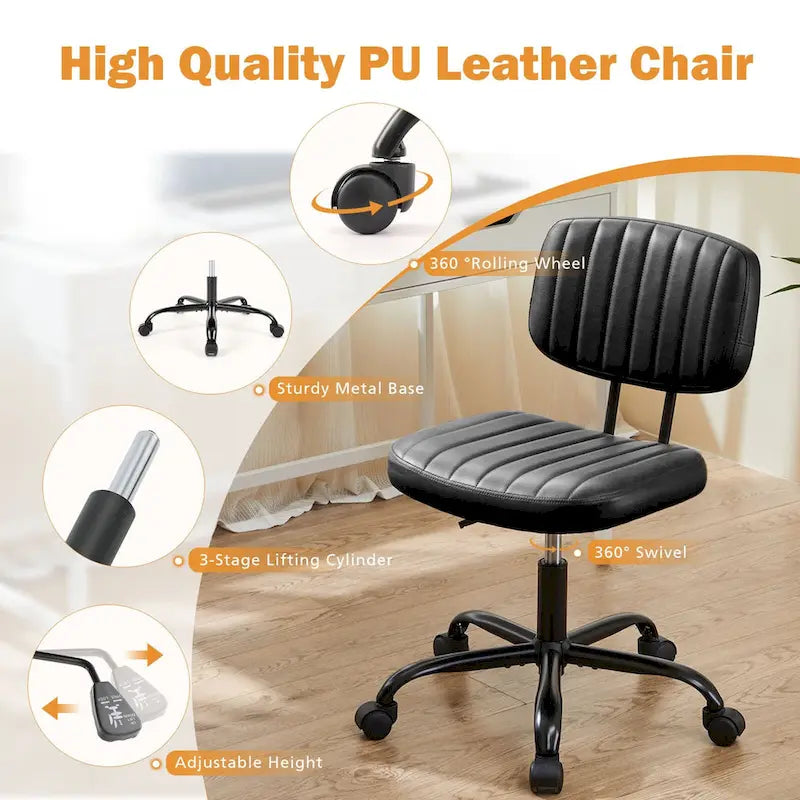 Chaise de bureau pivotante sans accoudoirs à dossier bas en similicuir avec coussin côtelé