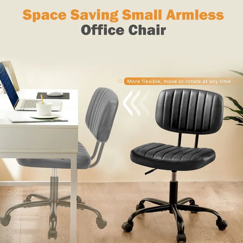 Chaise de bureau pivotante sans accoudoirs à dossier bas en similicuir avec coussin côtelé