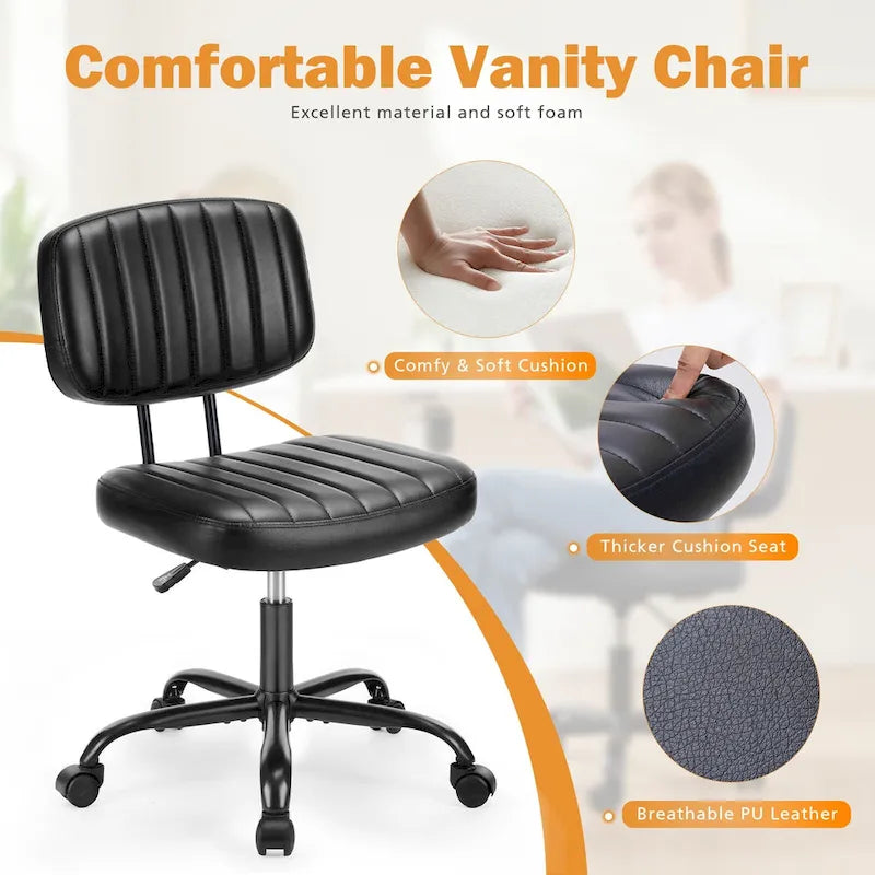 Chaise de bureau pivotante sans accoudoirs à dossier bas en similicuir avec coussin côtelé