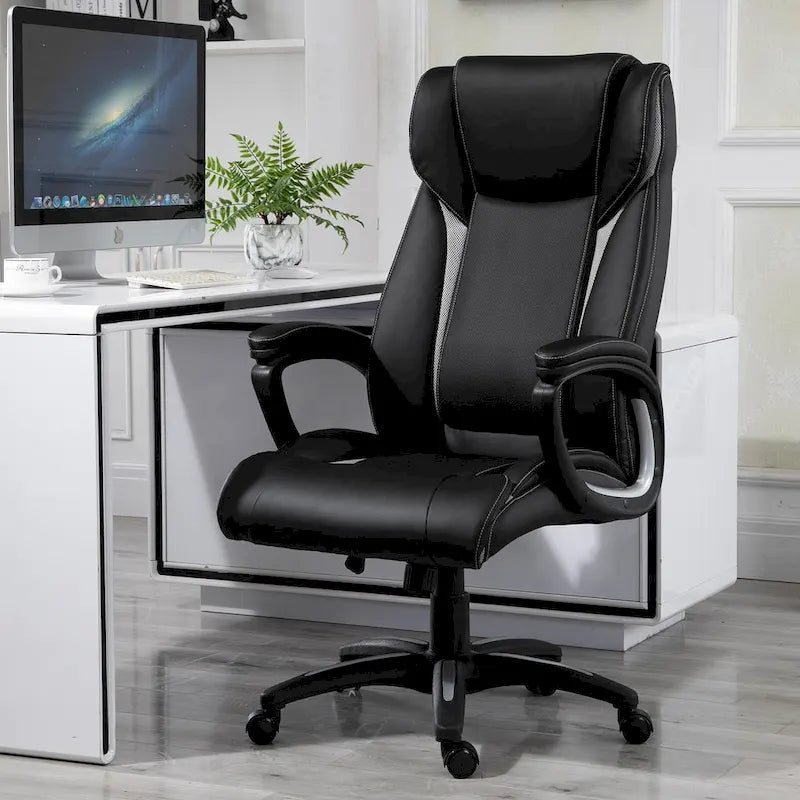 Fauteuil de bureau ergonomique à dossier haut en cuir PU, hauteur réglable, pivotant à 360°, noir