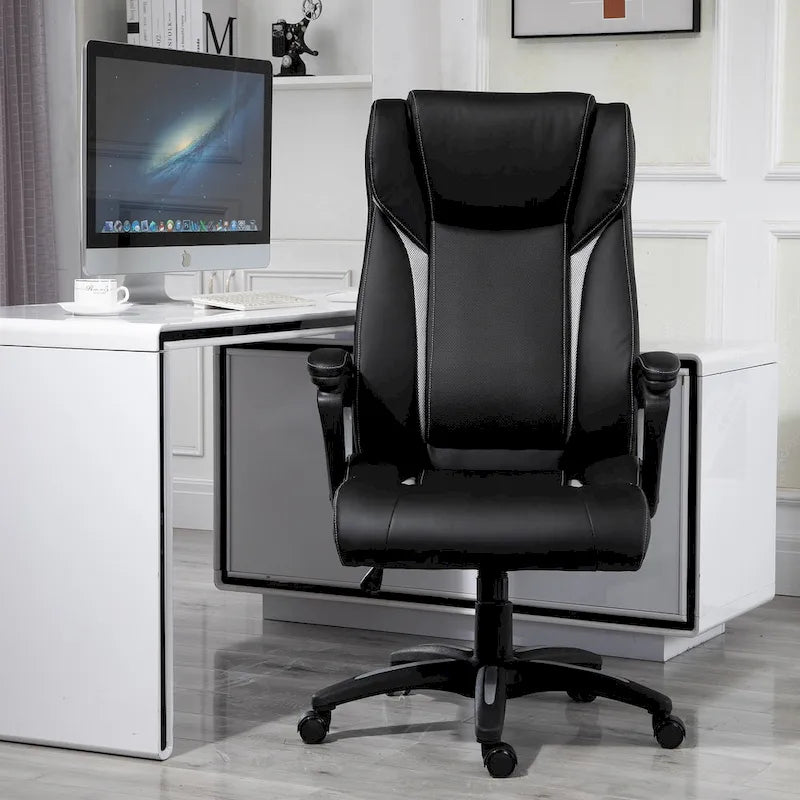 Fauteuil de bureau ergonomique à dossier haut en cuir PU, hauteur réglable, pivotant à 360°, noir