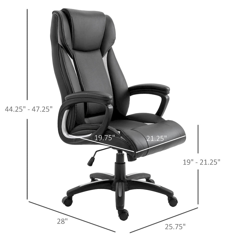 Fauteuil de bureau ergonomique à dossier haut en cuir PU, hauteur réglable, pivotant à 360°, noir