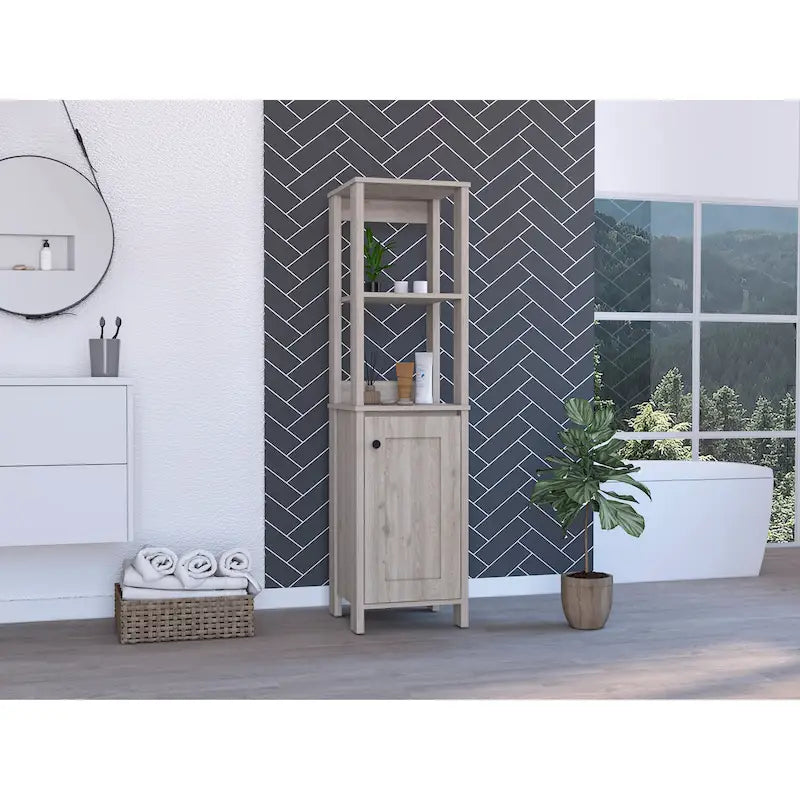 Meuble de salle de bain haut avec étagères ouvertes et porte simple Gris clair