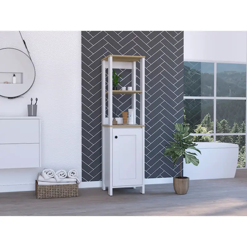 Meuble de salle de bain haut avec étagères ouvertes et porte simple Gris clair