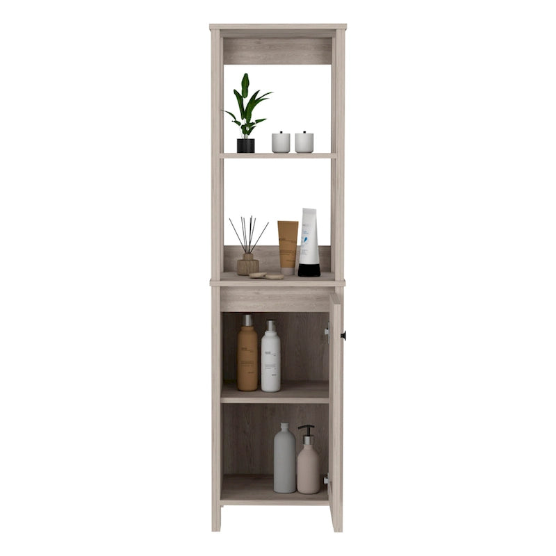 Meuble de salle de bain haut avec étagères ouvertes et porte simple Gris clair