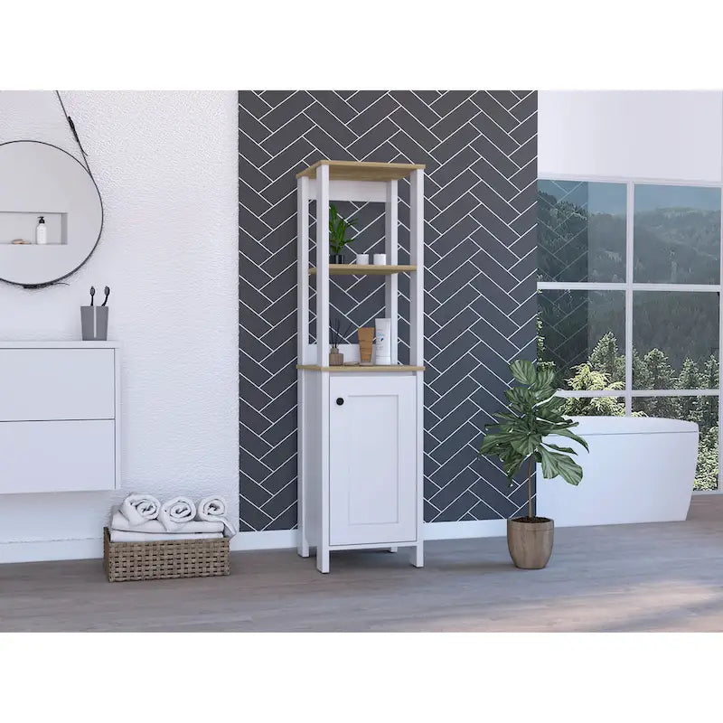 Meuble de salle de bain haut avec étagères ouvertes et porte simple Gris clair