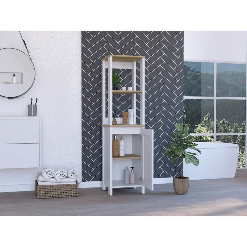 Meuble de salle de bain haut avec étagères ouvertes et porte simple Gris clair