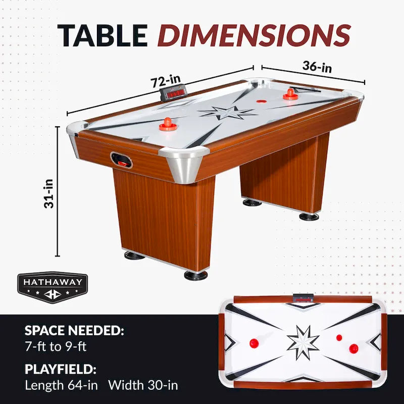 Table de air hockey 72 pouces avec tableau de score LED, finition cerisier, pieds marron