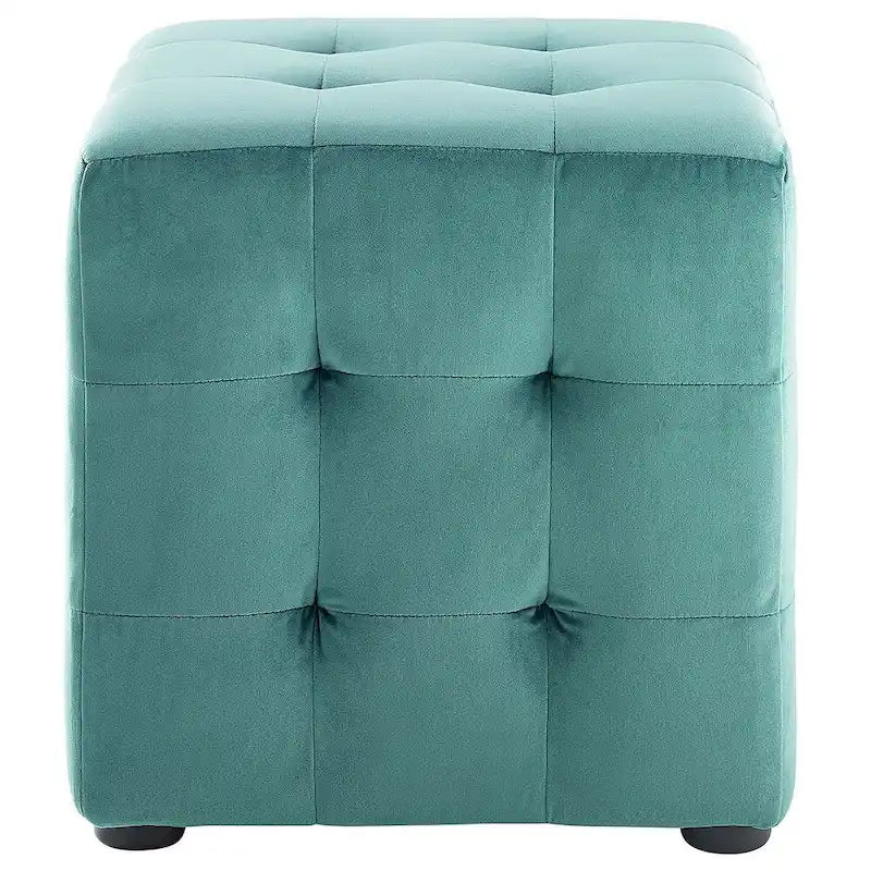 Pouf cube capitonné en velours sarcelle avec pieds en bois style moderne