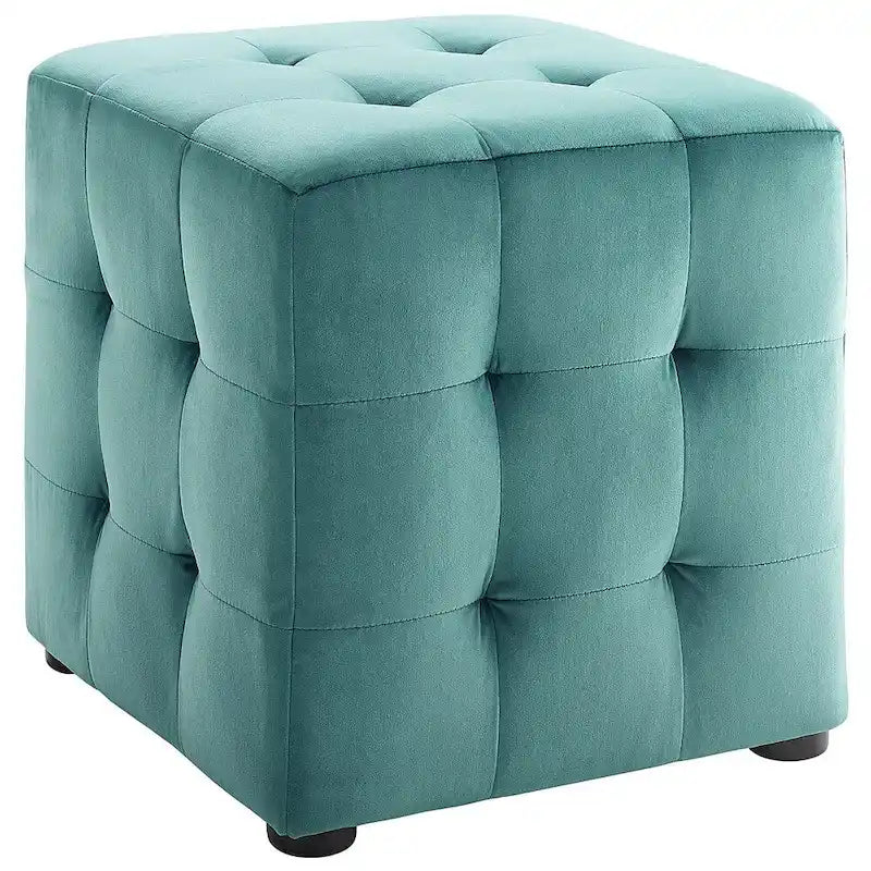 Pouf cube capitonné en velours sarcelle avec pieds en bois style moderne