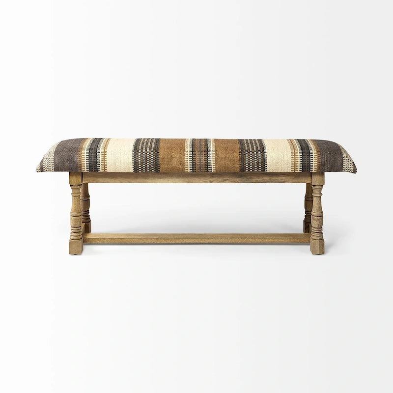 Banc d'appoint rembourré en jute rayé beige marron avec cadre en bois massif