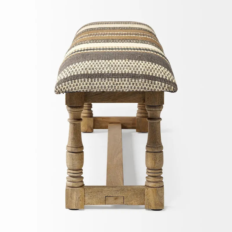 Banc d'appoint rembourré en jute rayé beige marron avec cadre en bois massif