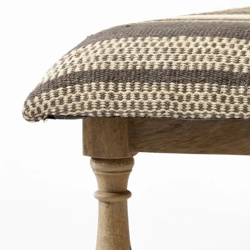 Banc d'appoint rembourré en jute rayé beige marron avec cadre en bois massif