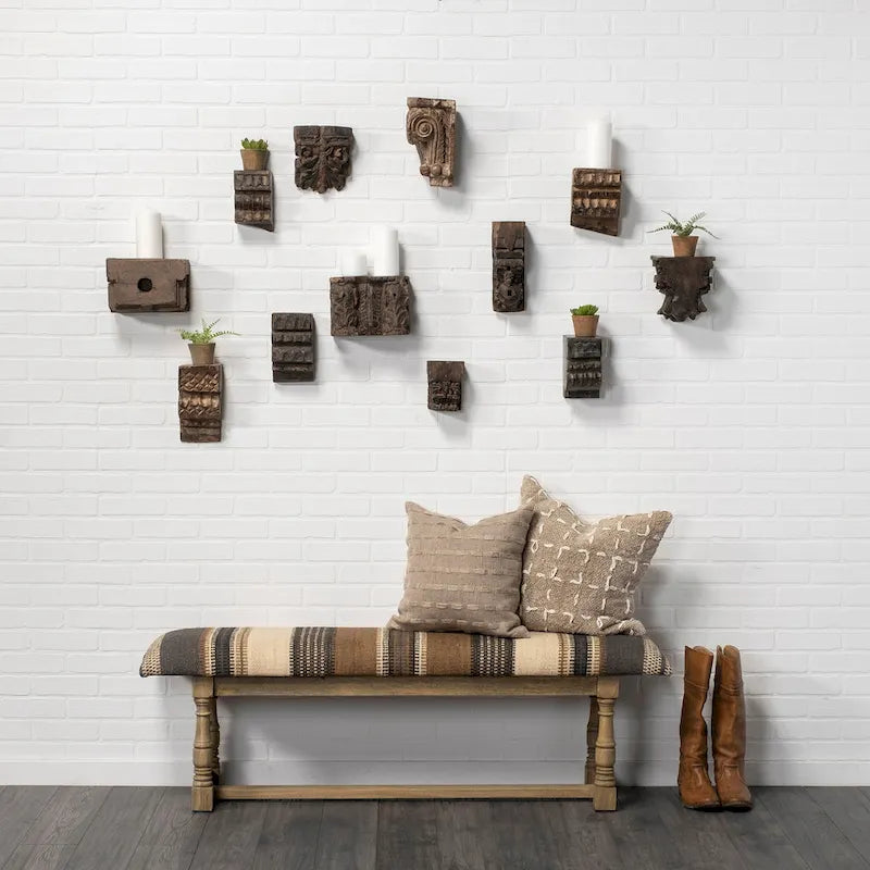 Banc d'appoint rembourré en jute rayé beige marron avec cadre en bois massif