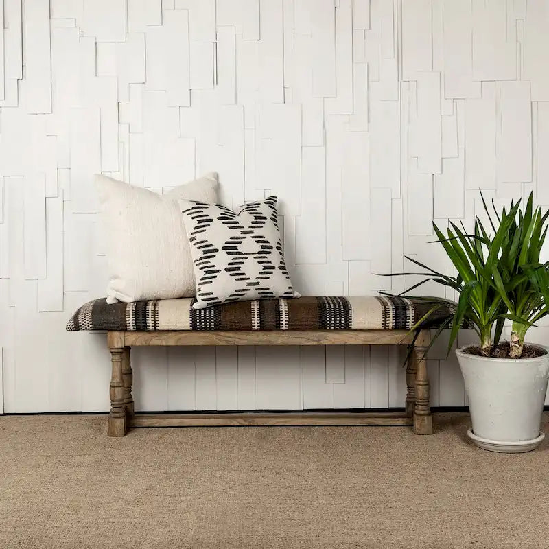 Banc d'appoint rembourré en jute rayé beige marron avec cadre en bois massif