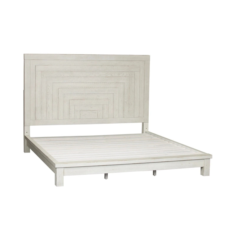 Lit plateforme queen en bois blanc vieilli avec tête de lit géométrique