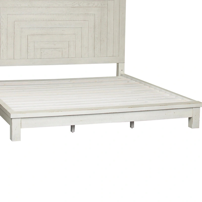 Lit plateforme queen en bois blanc vieilli avec tête de lit géométrique