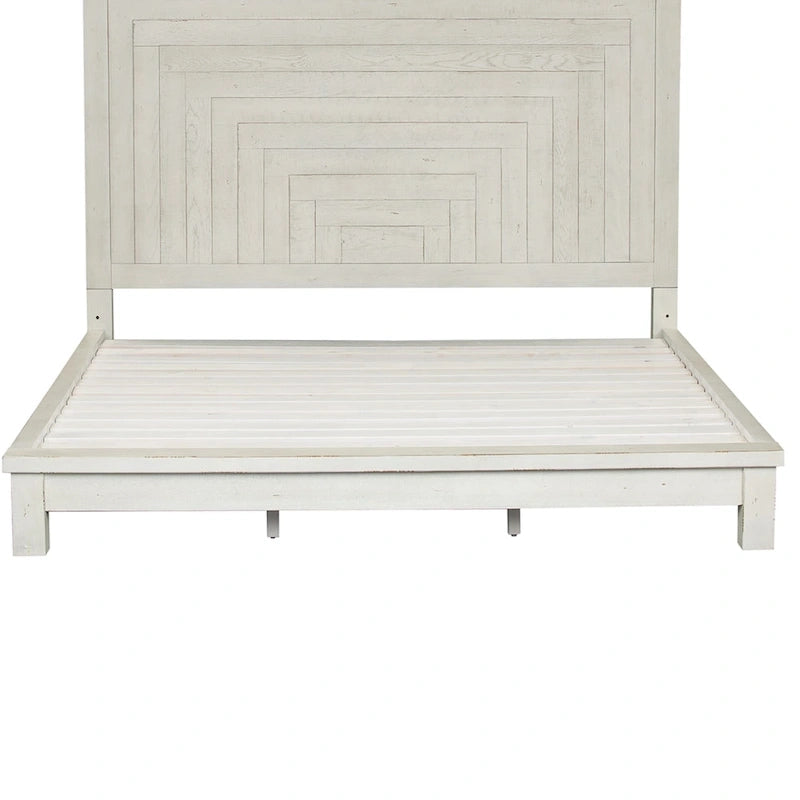 Lit plateforme queen en bois blanc vieilli avec tête de lit géométrique