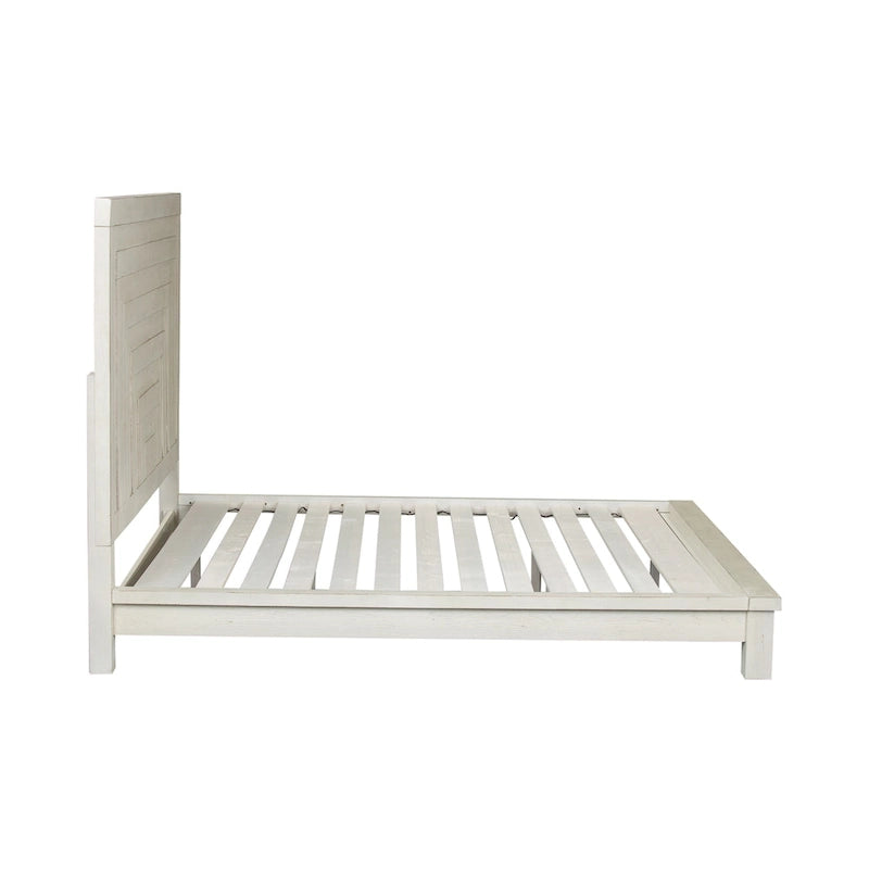 Lit plateforme queen en bois blanc vieilli avec tête de lit géométrique