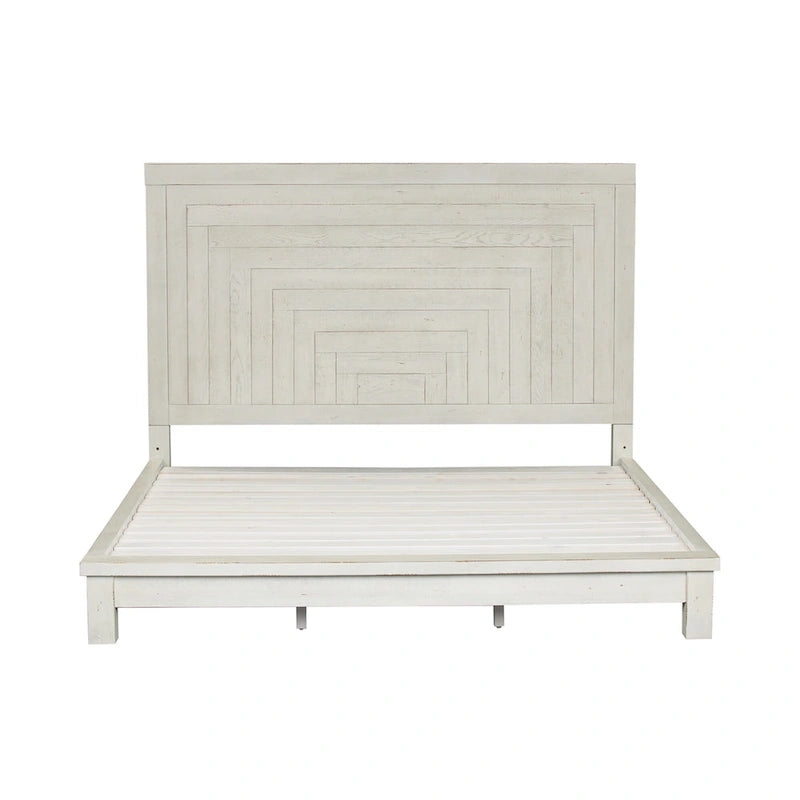 Lit plateforme queen en bois blanc vieilli avec tête de lit géométrique