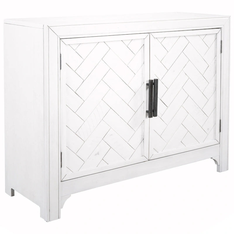 Buffet bas accentué à double porte à chevrons et étagères réglables, style antique
