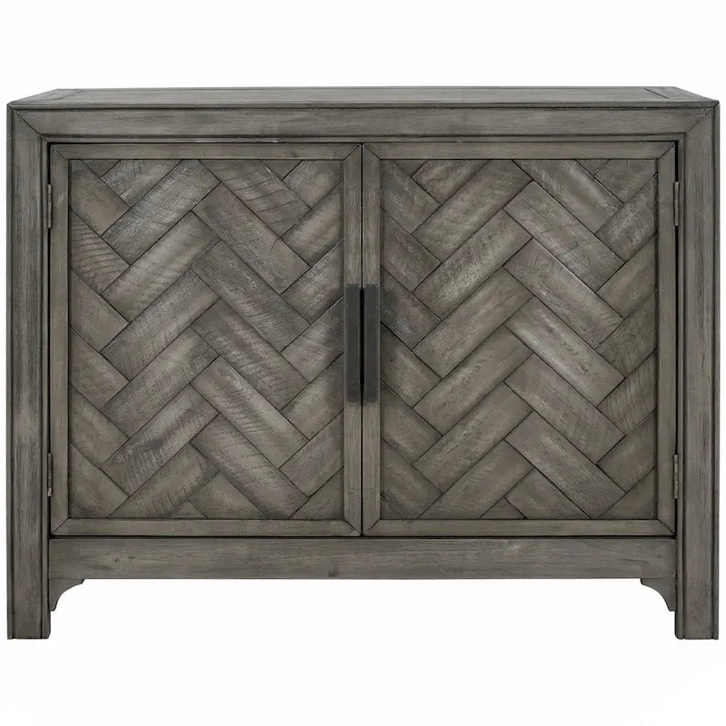 Buffet bas accentué à double porte à chevrons et étagères réglables, style antique