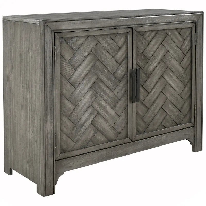 Buffet bas accentué à double porte à chevrons et étagères réglables, style antique