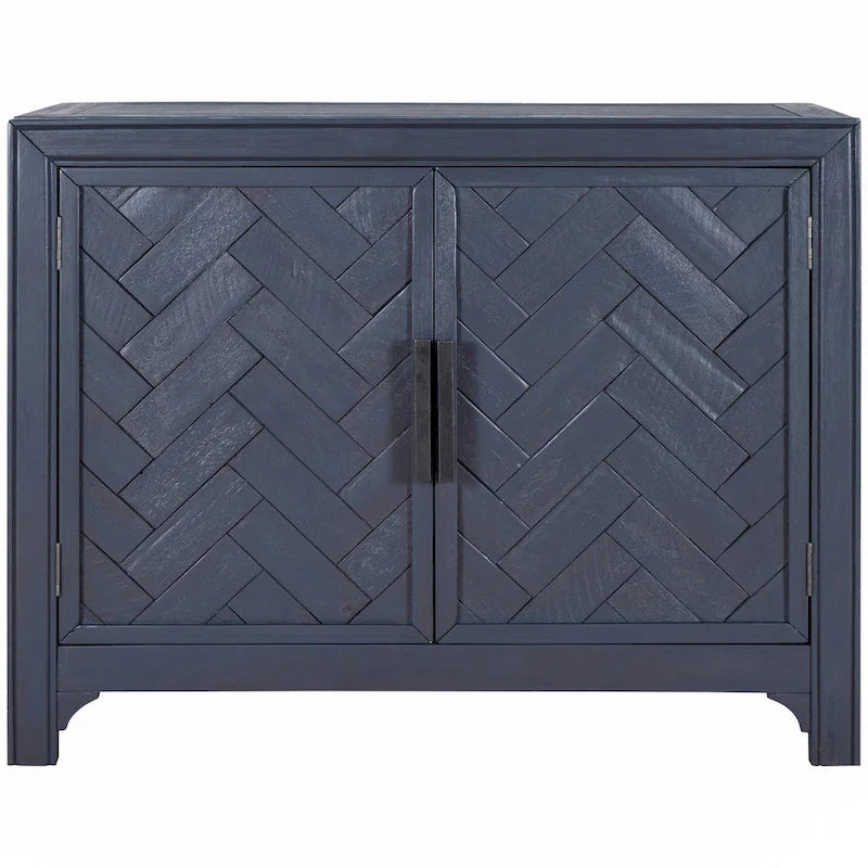 Buffet bas accentué à double porte à chevrons et étagères réglables, style antique