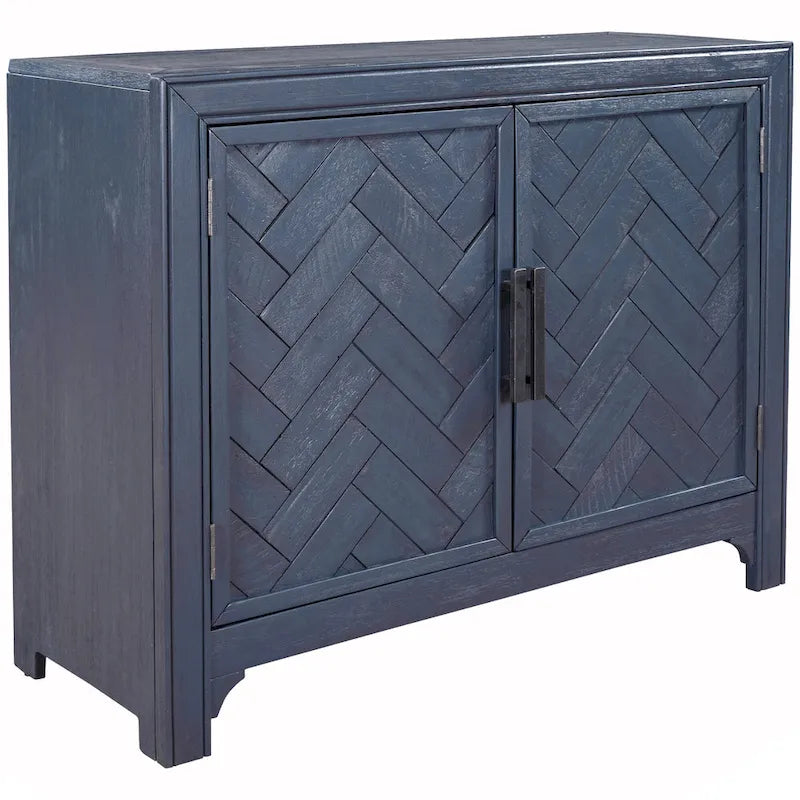 Buffet bas accentué à double porte à chevrons et étagères réglables, style antique