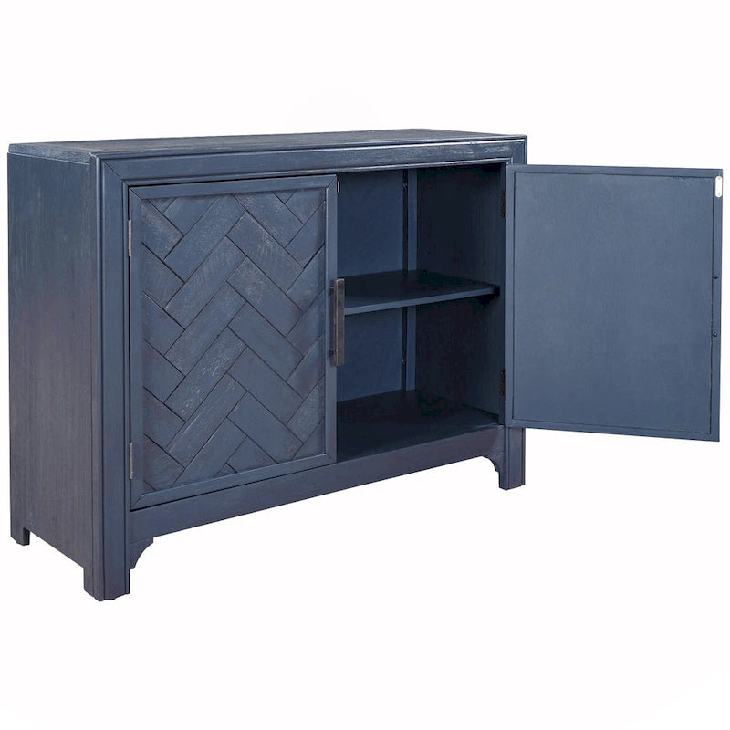 Buffet bas accentué à double porte à chevrons et étagères réglables, style antique
