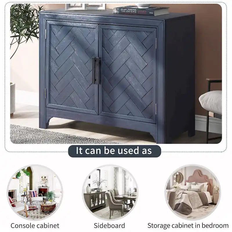 Buffet bas accentué à double porte à chevrons et étagères réglables, style antique